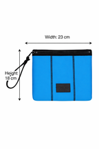Blue pouch with black zipper and measurements on a white background