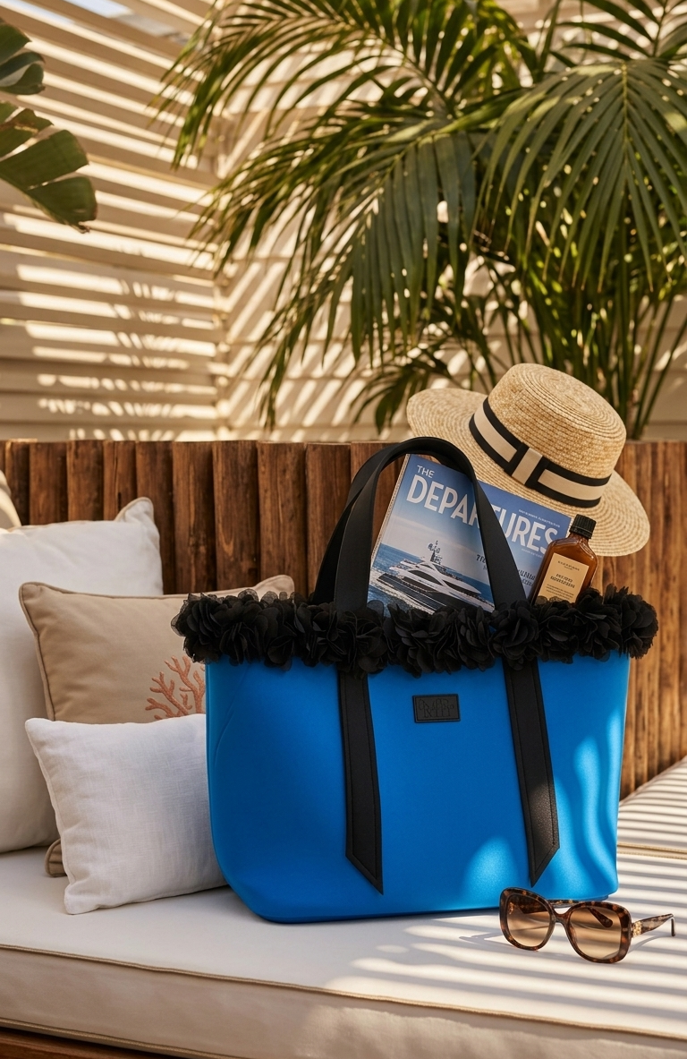 Blue tote bag with black trim, straw hat, and sunglasses on a sunlit outdoor bench.