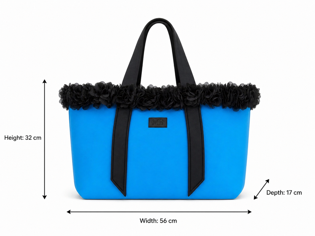 Blue tote bag with black floral details and measurements on a white background