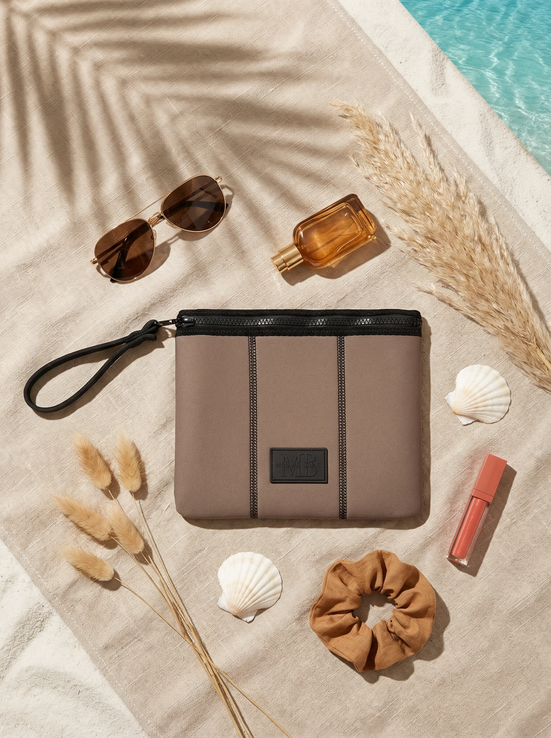 Beige pouch with sunglasses, bottle, scrunchie, and lip gloss on a sandy surface near a pool.