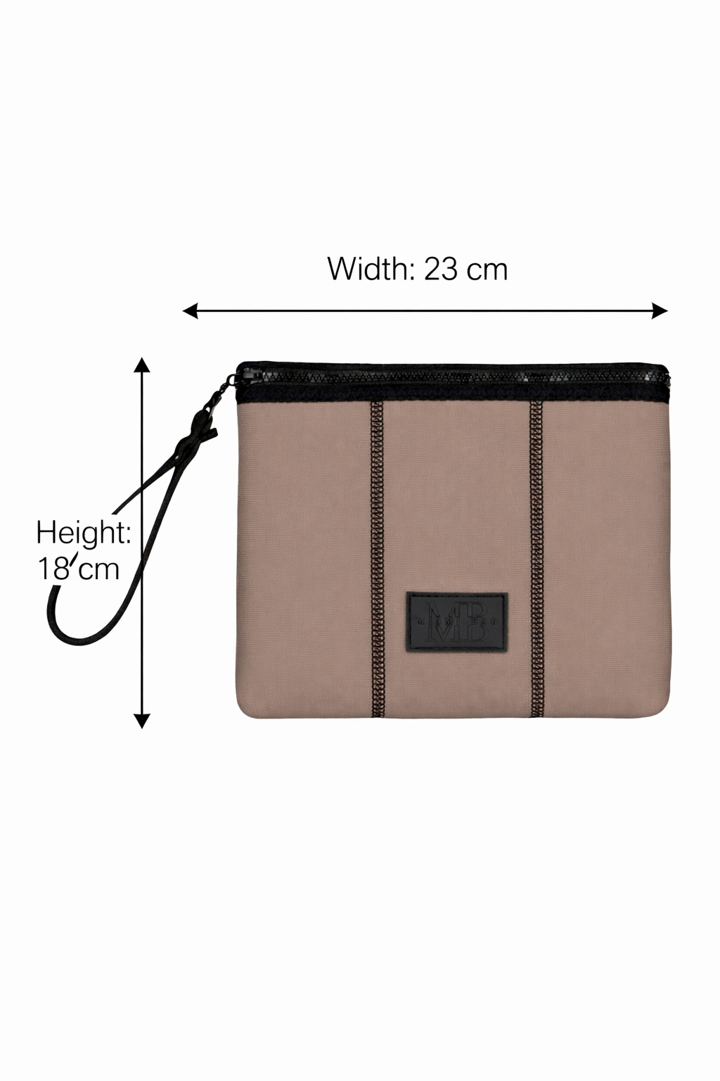 Beige pouch with black strap and measurements on a white background