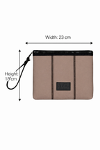 Beige pouch with black strap and measurements on a white background