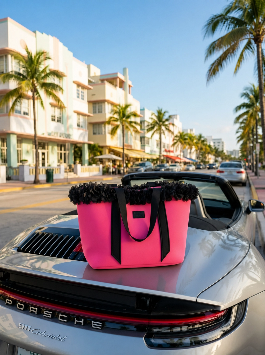 Pink bag with black trim on a Porsche car in Miami.
