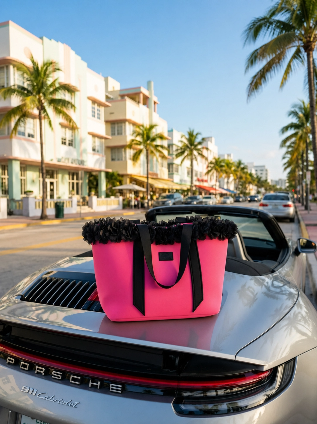 Pink bag with black trim on a Porsche car in Miami.