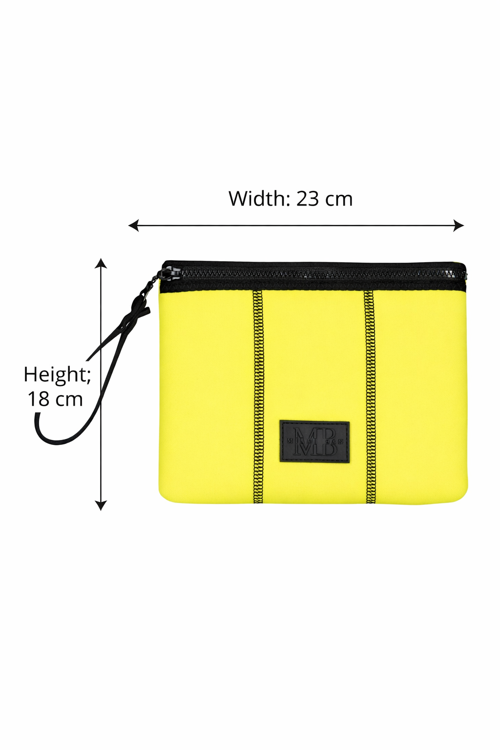 Yellow pouch with black zipper and strap, dimensions indicated on a white background