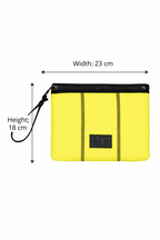 Yellow pouch with black zipper and strap, dimensions indicated on a white background