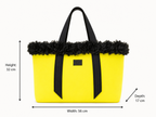 Yellow tote bag with black floral details and measurements on a white background