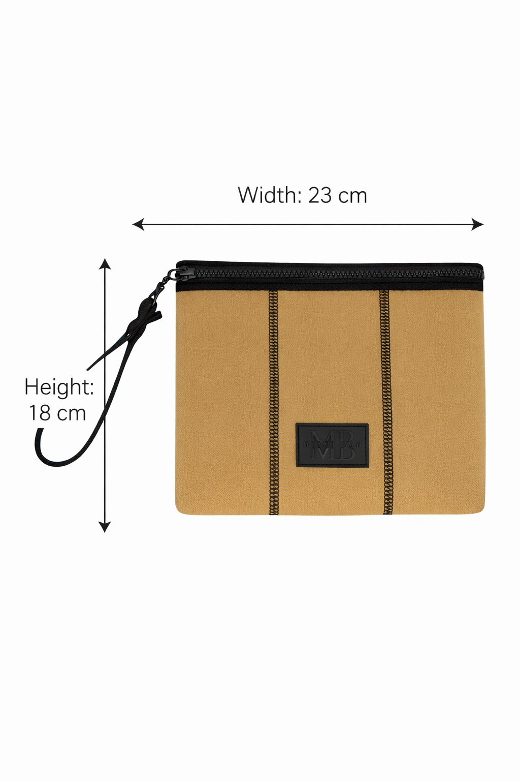 Brown pouch with black zipper and measurements on a white background