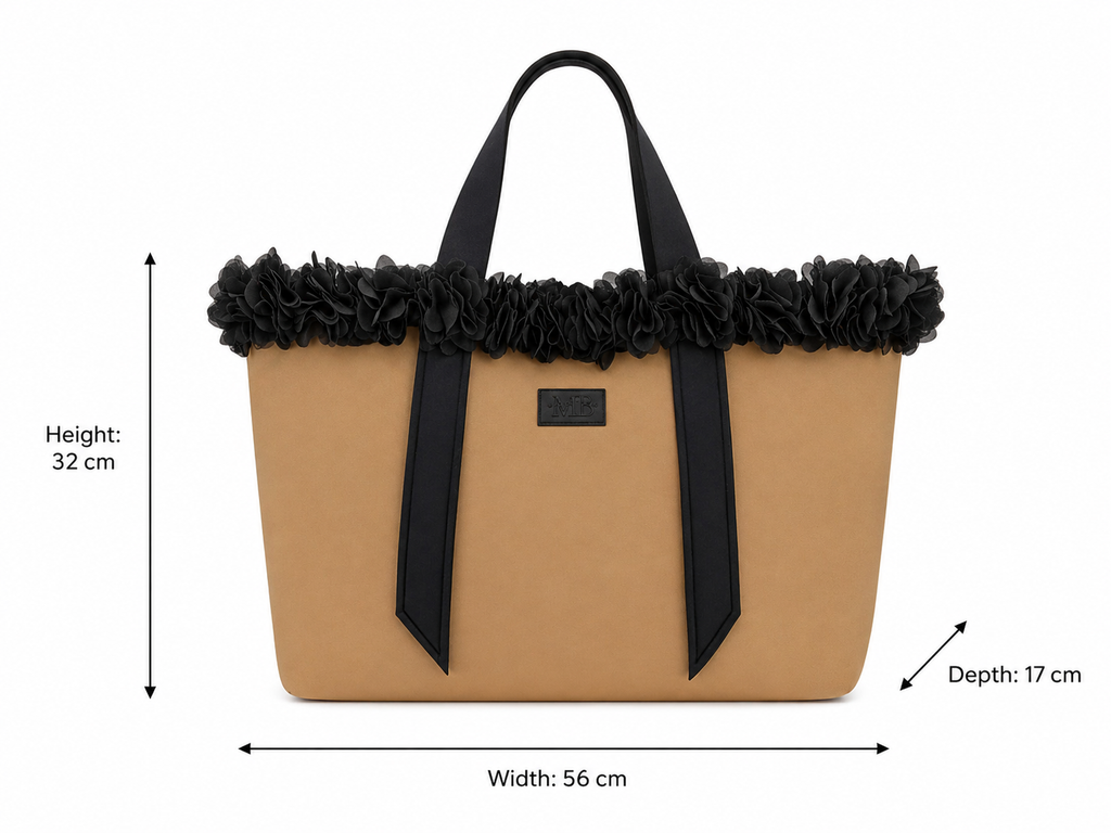 Tan tote bag with black ruffled trim and dimensions on a white background