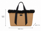 Tan tote bag with black ruffled trim and dimensions on a white background