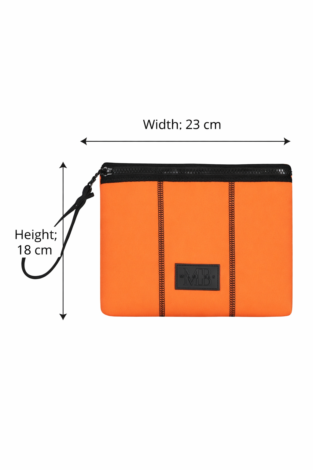Orange pouch with dimensions labeled on a white background
