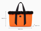 Orange tote bag with black floral details and measurements on a white background