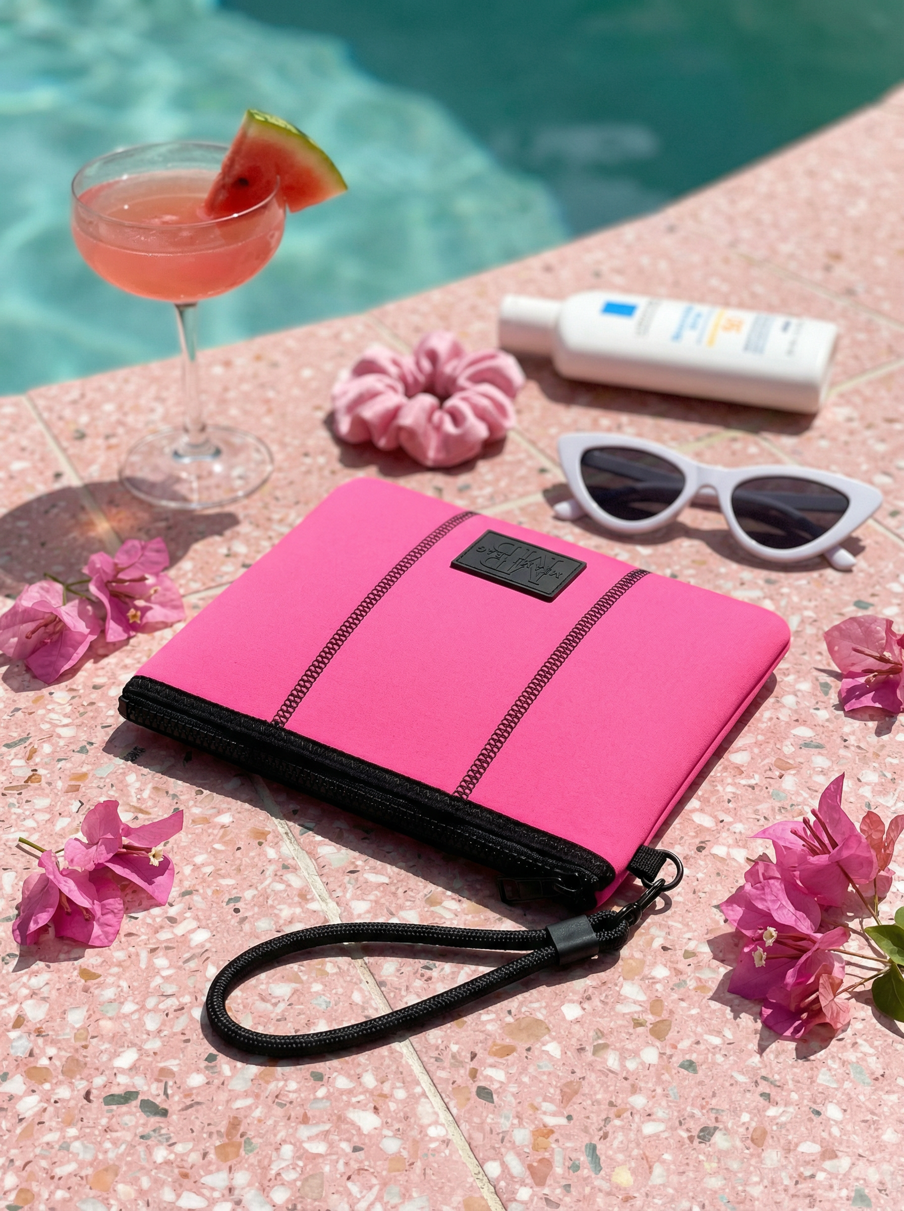 Pink pouch with black strap, sunglasses, sunscreen, and cocktail by poolside