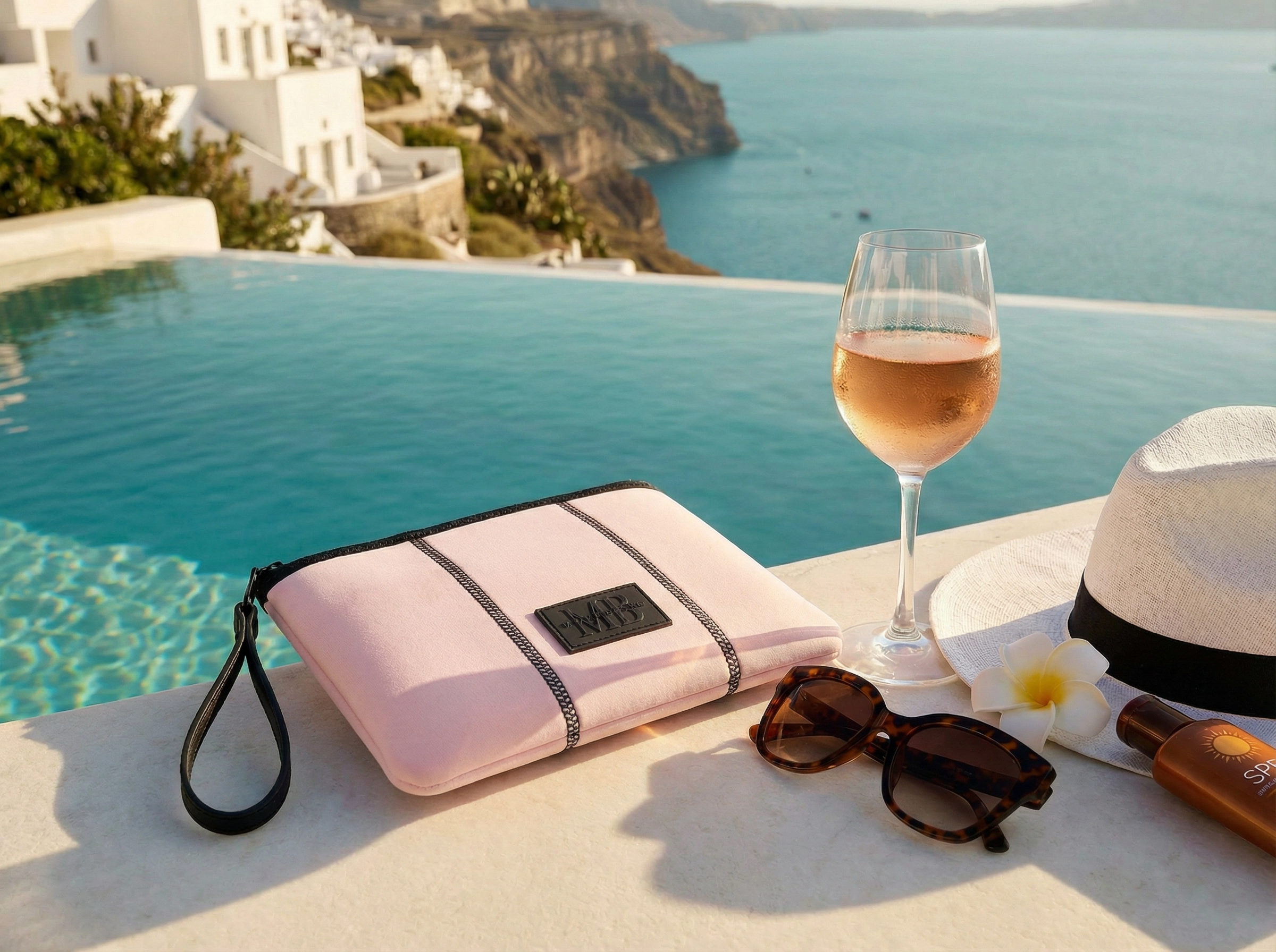 Pink pouch with black zipper and strap
