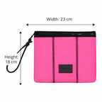Pink pouch with black strap and measurements on a white background