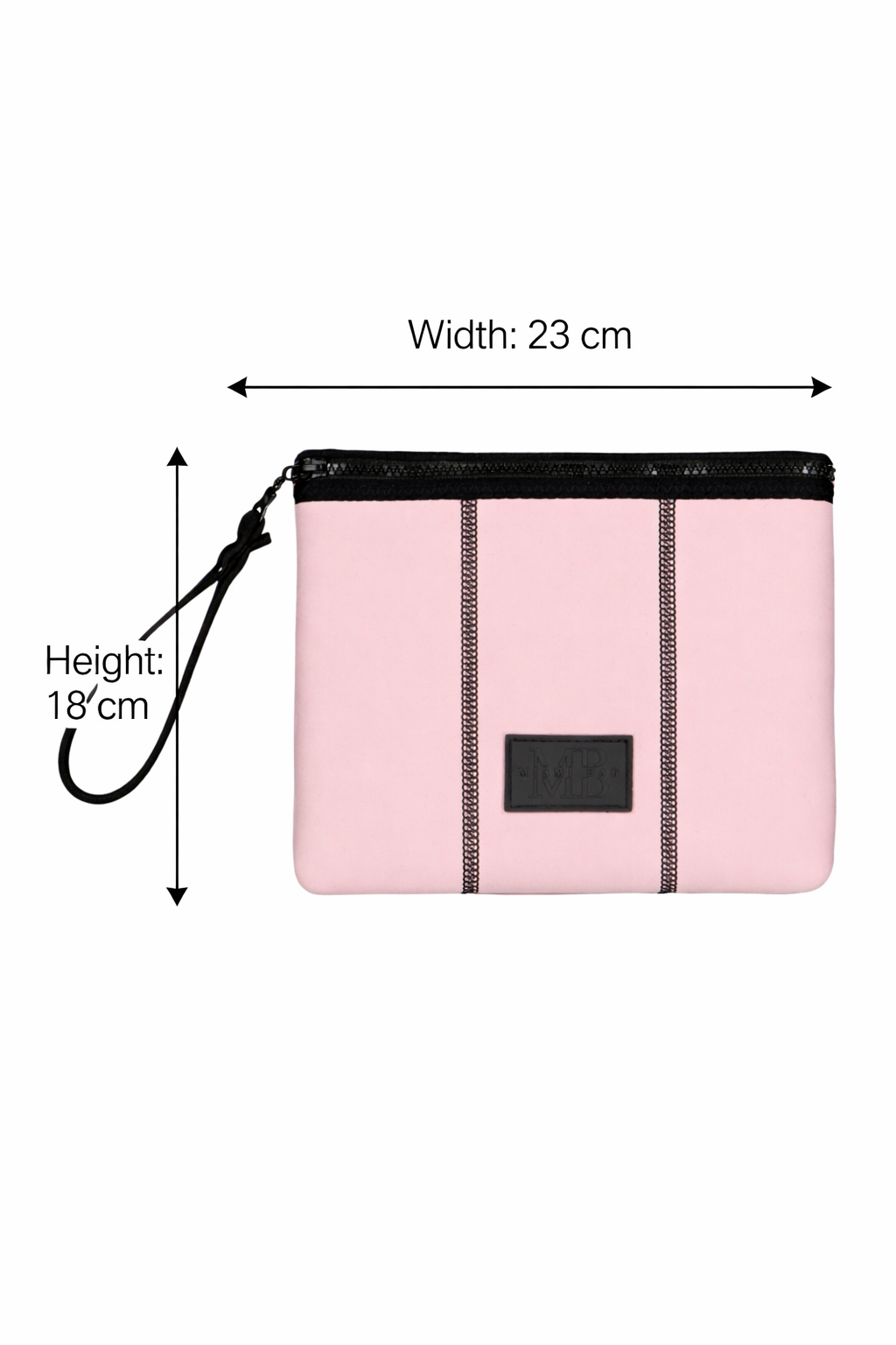 Pink pouch with black strap and measurements on a white background
