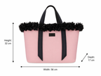Pink tote bag with black floral details and measurements on a white background