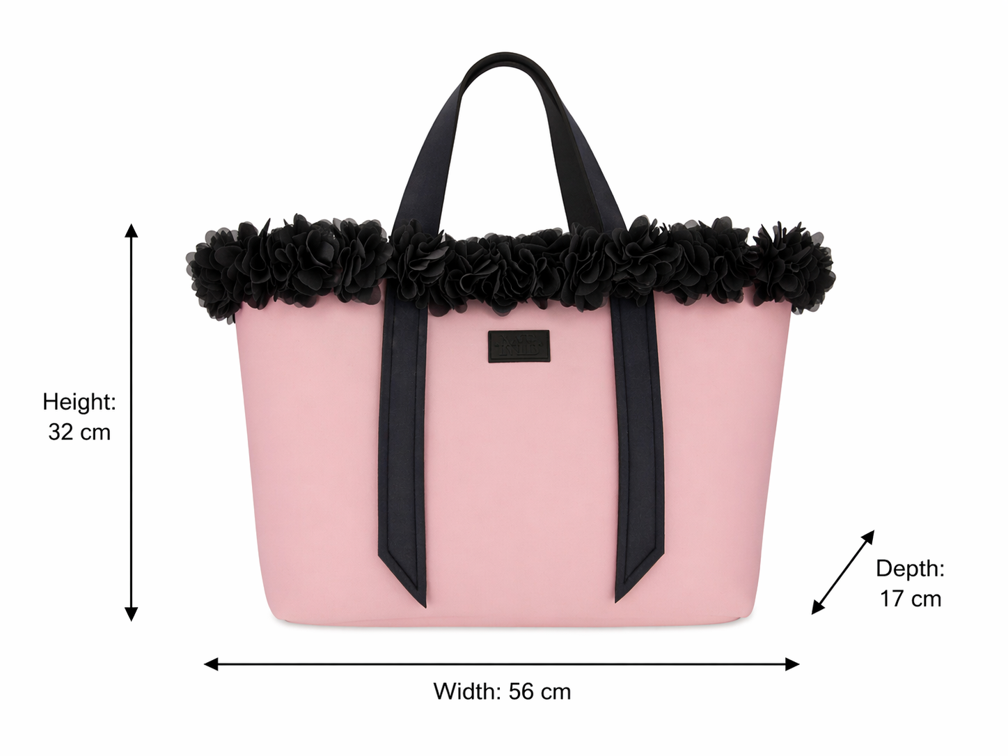 Pink tote bag with black floral details and measurements on a white background