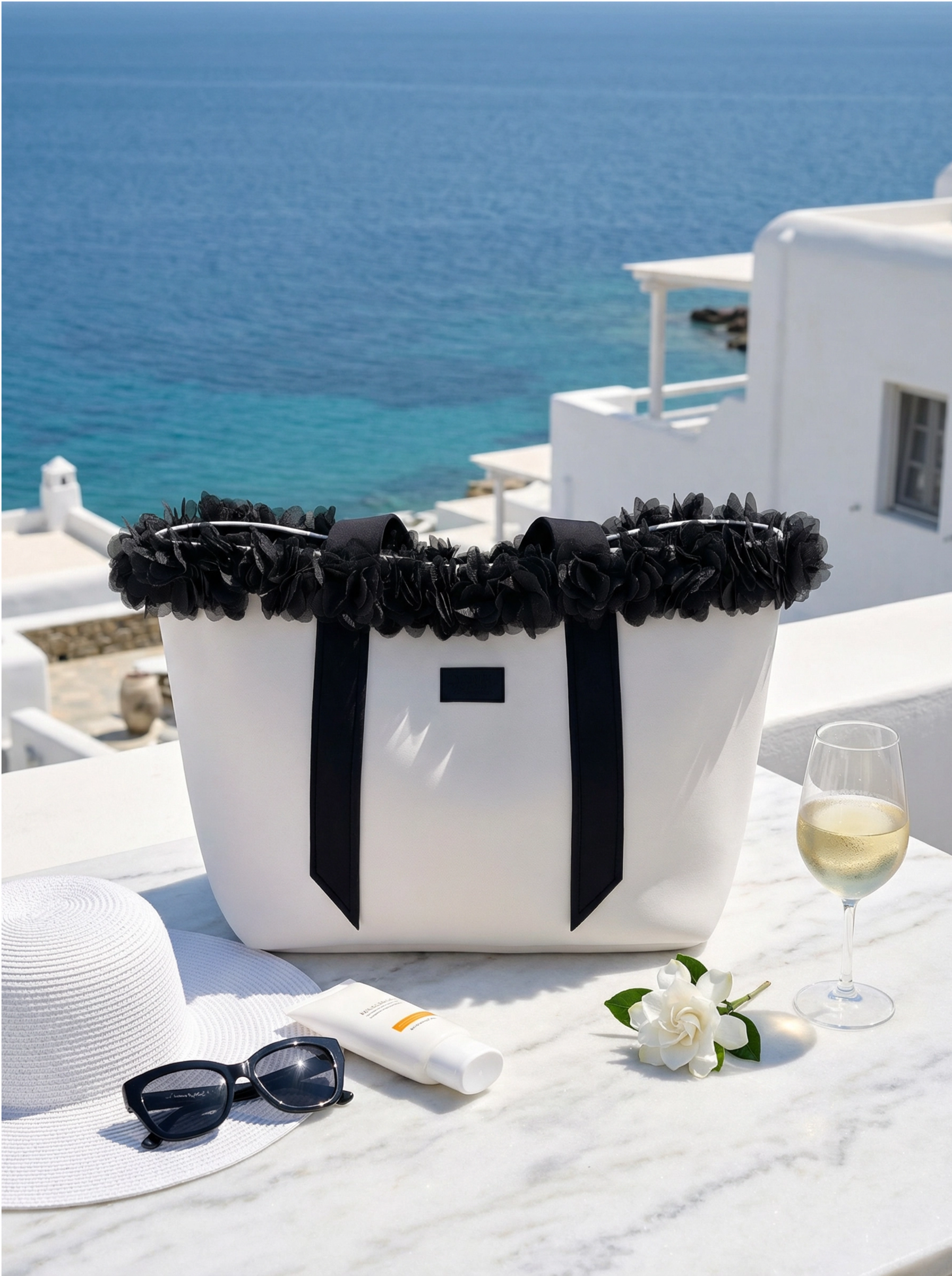 White tote bag with black trim on a table by the sea