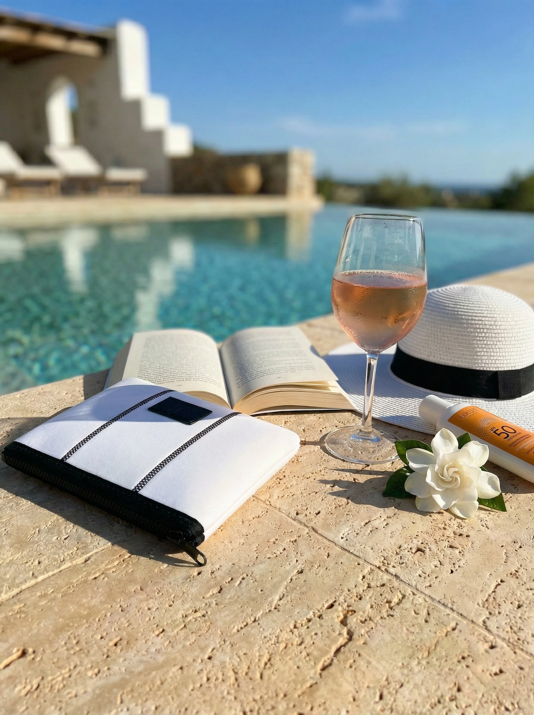 A white pouch, glass of rose wine, open book, and sun hat by a poolside with a scenic background.